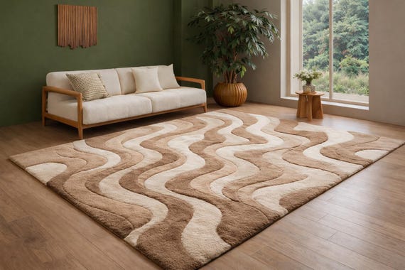 Wavy Pattern Area Rug, Beige Brown Modern Rug, Soft Textured Wool Carpet, Minimal Living Room Floor Rug