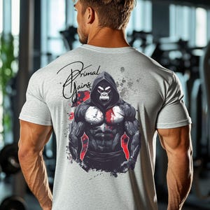 Workout T-shirt Primal Gains Gorilla T-Shirt Fitness Wear Gym Enthusiasts Bold Gorilla Graphic Tee, Gym Gift
