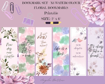 Printable Bookmarks - Set of 6 Watercolor Floral bookmarks - Instant download - Book Lover Gift