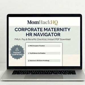 May include: A laptop displays a document titled "CORPORATE MATERNITY HR NAVIGATOR" with the MomHackHQ logo. The document includes sections on FMLA, pay, and benefits. A mug with a gold rim and a small notebook are on the table.