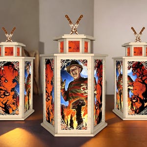Halloween Horror Lantern, Nightmare Killer Wooden Candle Holder with Burning Bus and Pumpkin Tree Scene, Interchangeable Acrylic Panels