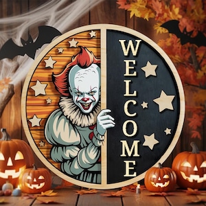 Halloween door hanger with creepy horror character and welcome text | layered wood svg spooky round sign for decor