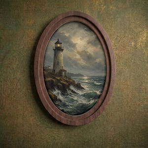 Cuadro de faro antiguo en lienzo con marco ovalado de madera – Decoración de pared con paisaje costero marino, estilo náutico rústico.