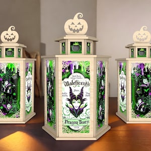 Witch Potion Halloween Lantern – Green Gothic Candle Holder with Sorceress and Magic Bottle Design – Interchangeable Acrylic Panels