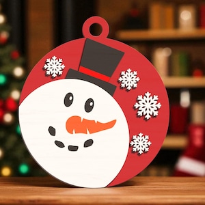 Christmas Ornament | Snowman Wooden Ornament with Top Hat & Snowflakes | Holiday Red Bauble | Rustic Wooden Tree Decoration