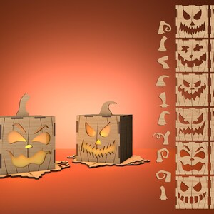 Pode incluir: Duas caixas de madeira em forma de abóbora com rostos de abóbora esculpidos. As caixas são iluminadas por dentro, criando um brilho quente. Uma folha de papel com vários desenhos de rostos de abóbora é mostrada no lado direito da imagem.