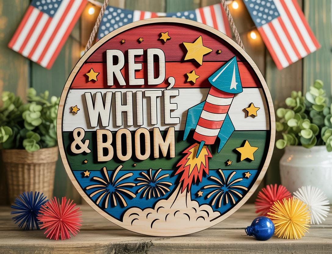 Red White and Boom Firework Rocket Round Sign | 4th of July Patriotic Decor | Layered Laser Cut Wooden Door Hanger