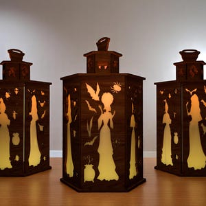 DIY Halloween Witch Lantern | Wooden Light Box with Cartoon Sorceress Silhouettes | Spooky Spellcaster Glow Lamp for Fall Decor