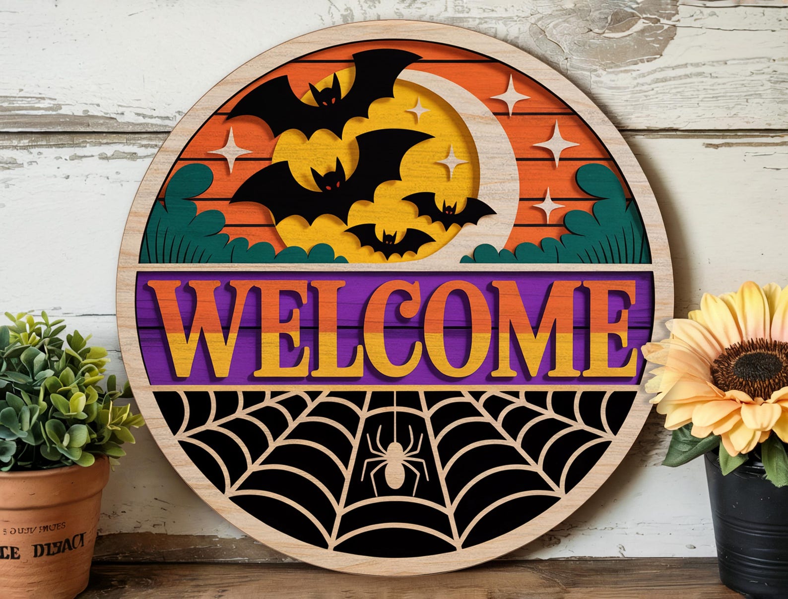 Halloween Welcome Sign | Spooky Bat & Spiderweb Wooden Door Hanger - Etsy