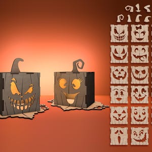 Lampada a forma di zucca di Halloween in formato SVG, lanterna a forma di zucca in formato SVG, faccia di zucca in formato SVG, portacandele con luce notturna in formato SVG, file di taglio digitali per Glowforge