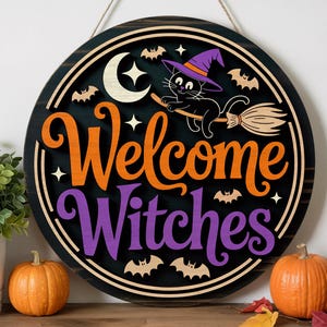 Welcome witches halloween sign | halloween round sign with flying cat | halloween door hanger laser cut wood | witch themed front porch sign