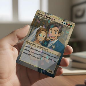 Könnte beinhalten: Eine holografische Sammelkarte mit dem Titel "Eternal Embrace" mit einem Cartoon-Paar in Hochzeitskleidung. Die Karte hat einen goldenen Rand und enthält den Text "Legendary Enchantment". Die Karte wird in einer Hand gehalten.