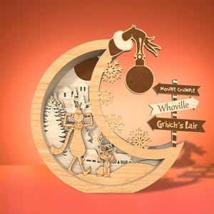 File di taglio in formato SVG per decorazioni natalizie in piedi dei cartoni animati, cartello in legno a strati in piedi di Merry Grinchmas, regalo di Natale, decorazioni natalizie, file Glowforge