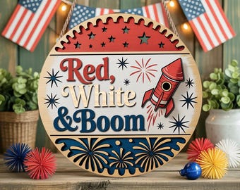 Red White and Boom Door Hanger | 4th of July Fireworks Rocket Wood Sign | Patriotic Round Door Sign | Independence Day Porch Decor