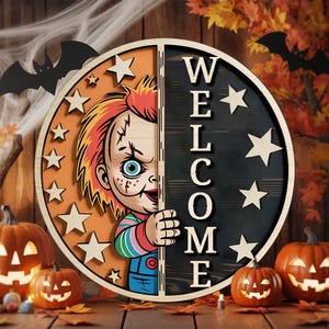 Halloween door hanger with spooky horror doll and welcome sign | layered wood round svg for laser cut halloween decor