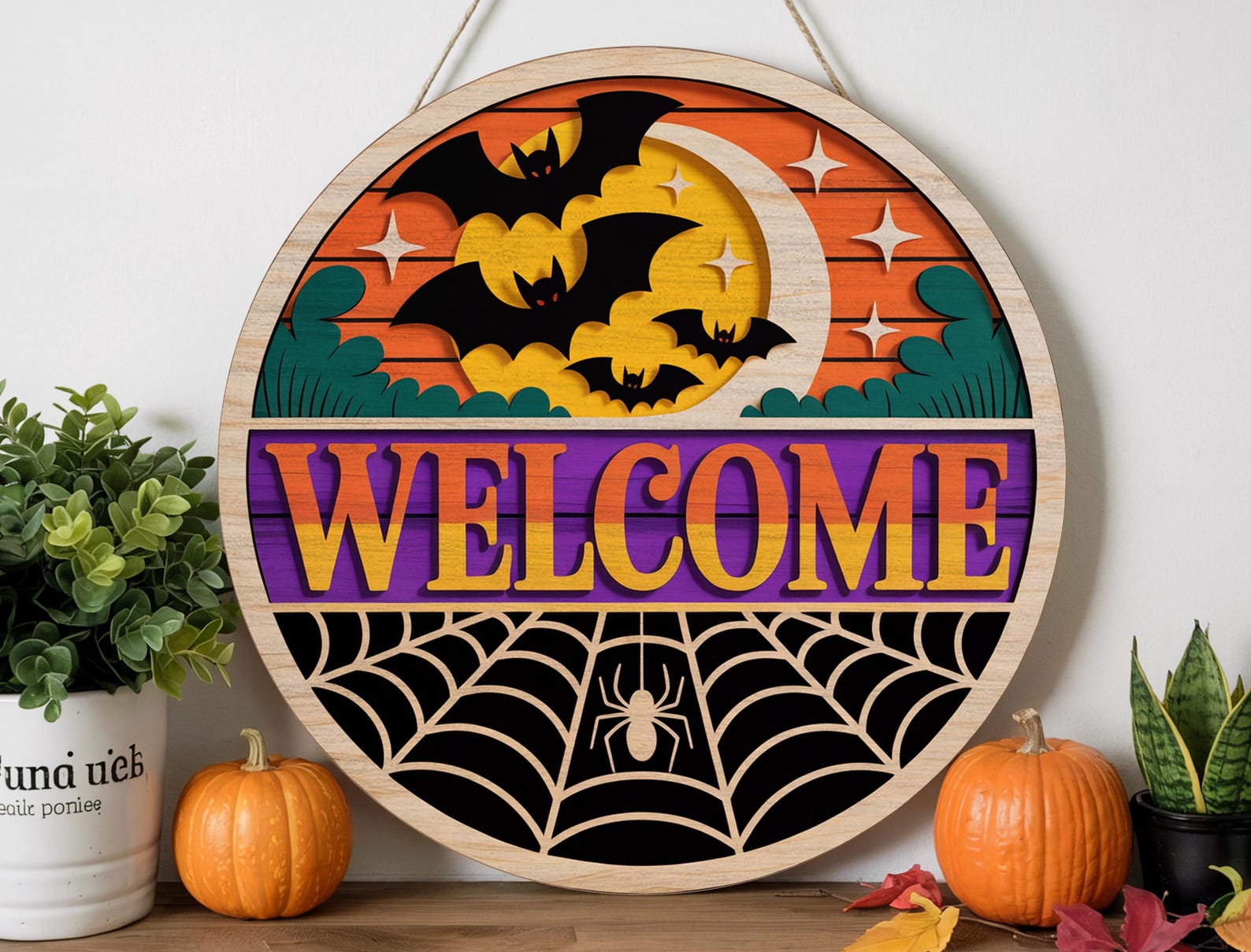 Halloween Welcome Sign | Spooky Bat & Spiderweb Wooden Door Hanger - Etsy