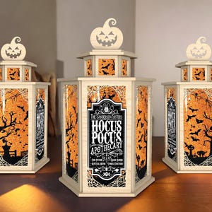 Witch Lantern Halloween Decor, Wooden Candle Holder with Spooky Forest, Bats, and Black Cat Silhouettes, Interchangeable Acrylic Panels