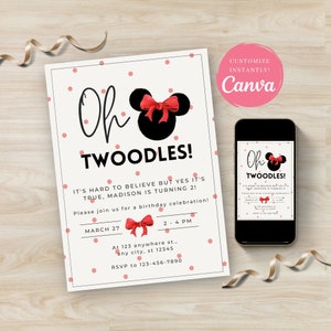 Minnie Mouse Invitation, Minnie Mouse 2nd Birthday Invitation Printable, Oh Twodles Invite, Girl Minnie Mouse Invite, INSTANT DOWNLOAD