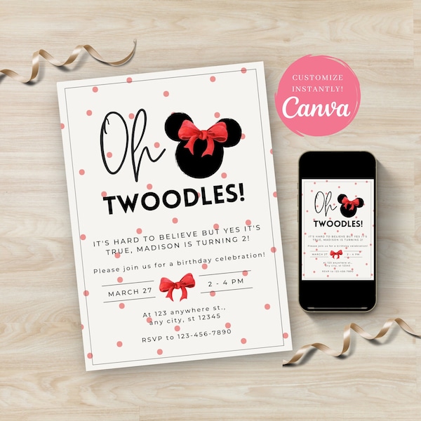 Minnie Mouse Invitation, Minnie Mouse 2nd Birthday Invitation Printable, Oh Twodles Invite, Girl Minnie Mouse Invite, INSTANT DOWNLOAD