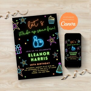 Bowling Birthday Invitation, Instant Download, Let&#39;s strike up some fun bowling party invitation, rainbow neon glow birthday invite