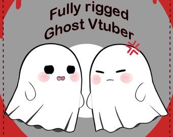 May include: Two white cartoon ghosts with red accents. The ghost on the left is crying and the ghost on the right is angry. The text "Fully rigged Ghost Vtuber" is above the ghosts.