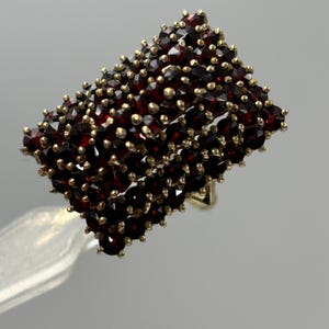 Op de afbeelding: Een vintage broche gemaakt van verguld metaal en bezet met honderden kleine, donkerrode granaatsteen. De broche heeft de vorm van een rechthoek en heeft een licht gebogen ontwerp.