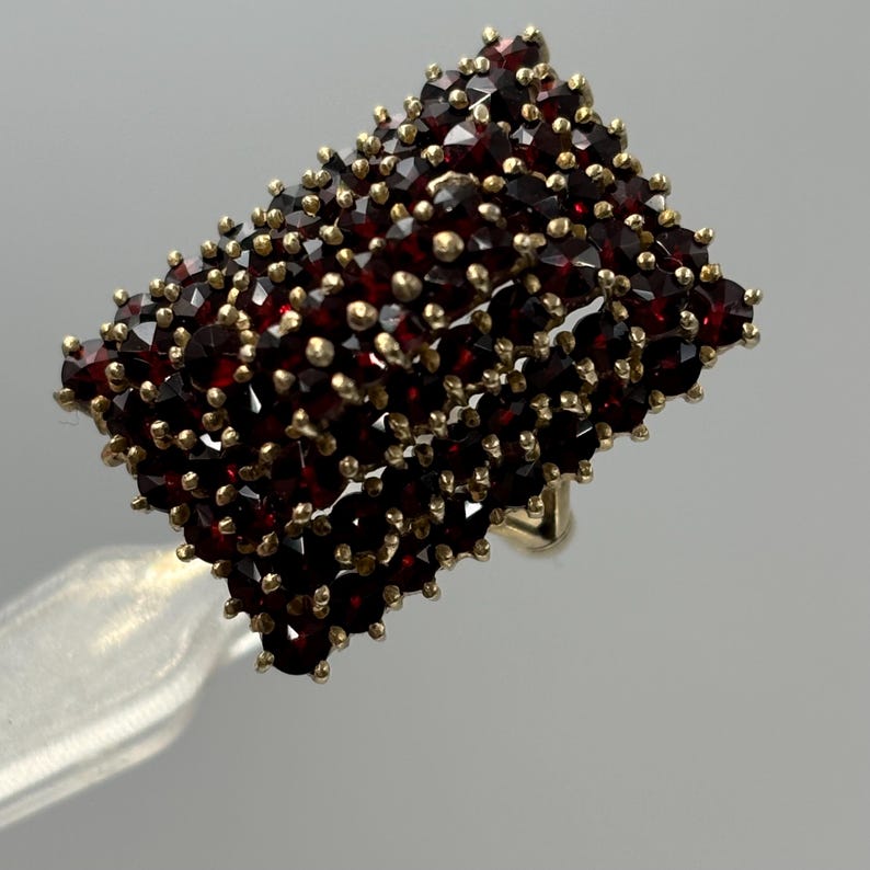 Op de afbeelding: Een vintage broche gemaakt van verguld metaal en bezet met honderden kleine, donkerrode granaatsteen. De broche heeft de vorm van een rechthoek en heeft een licht gebogen ontwerp.