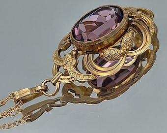 Vintage Ornate Charm gold tone   amethyst  paste  stamped elegant Hollywood glam collectible rolled gold RG FOREIGNA*D