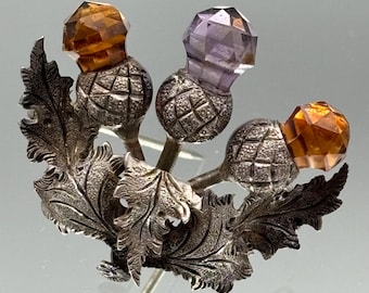 Antique Scottish Thistle Brooch Silver (?) Amethyst & Citrine Glass