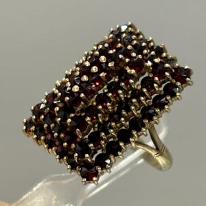 Op de afbeelding: Een zilveren ring met een rechthoekig ontwerp bezet met meerdere rijen kleine, donkerrode granaatsteen.