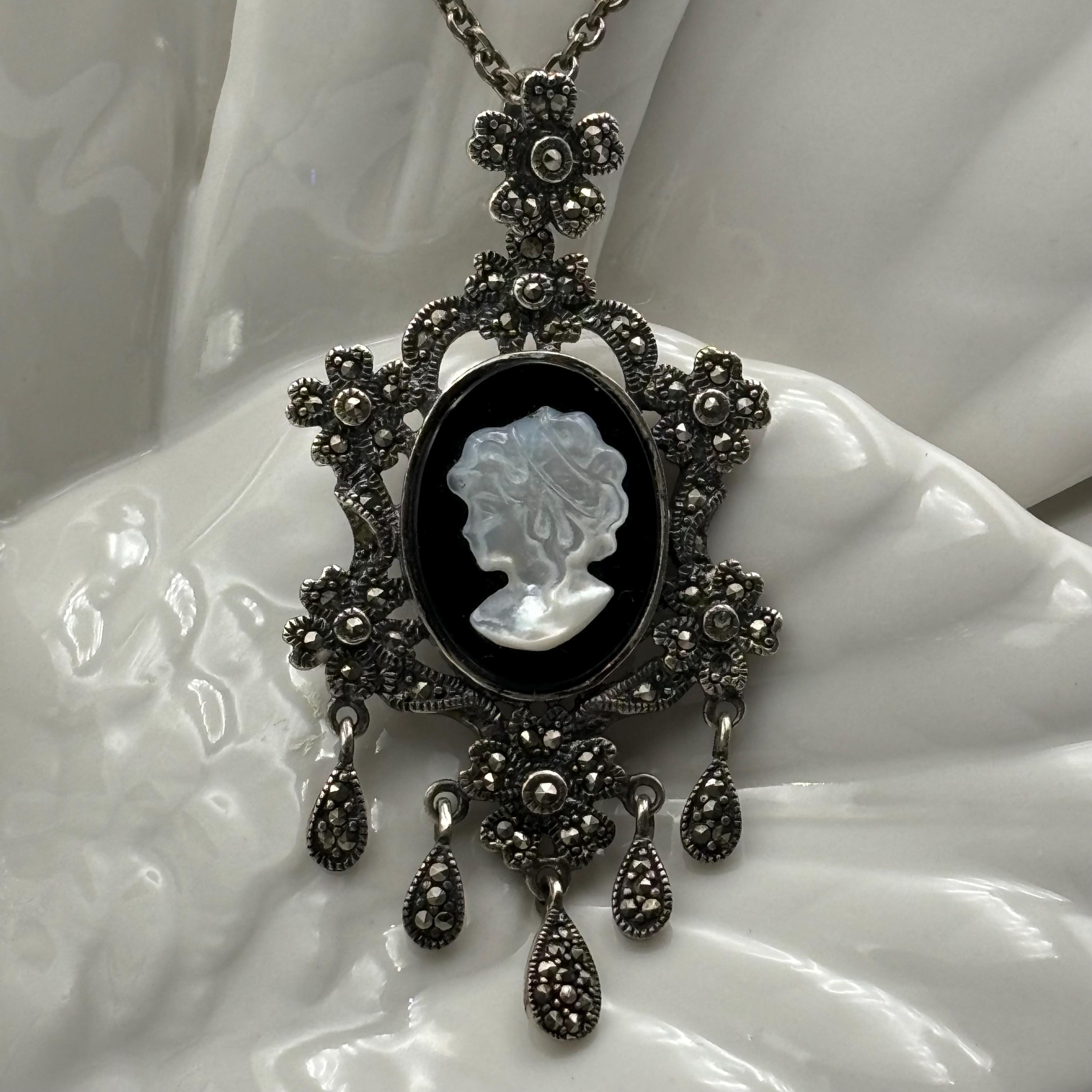 925 Sterling Black Onyx Marcasite Gem MOP Cameo Victorian Lady