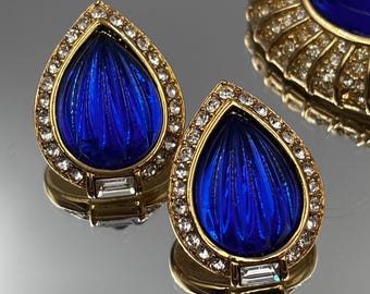 OSCAR DE Lа RENTA couture Vintage Gold tone cobalt blue cabochon  tear drop earrings
