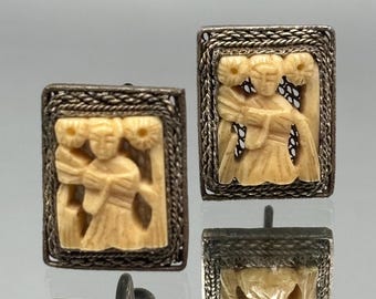 Antique Chinese Jewelry   Carved Bovine Bone Filigree Silver Plated   Earrings     1920's to 1930's
