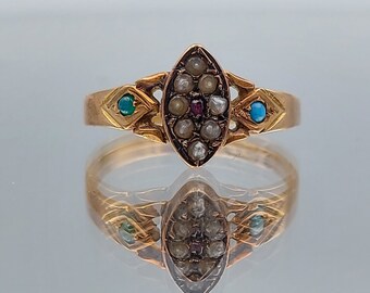 RARE Antique An 1800&#39;s 15k Rose Gold Garnet Turquoise and Seed Pearl Ring