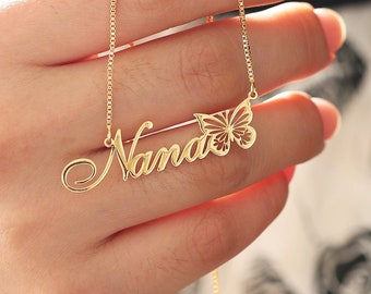 Collar de nombre con mariposa de nacimiento, collar de oro personalizado, collar de cadena de caja, joyería personalizada, regalos personalizados para ella, regalos de cumpleaños