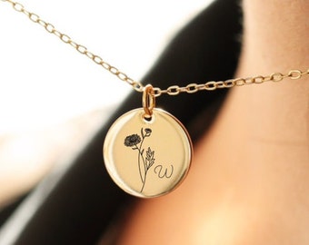 Collier initial personnalisé avec fleur de naissance, collier de nom personnalisé, collier pour femme, cadeaux pour maman, cadeaux de Noël pour elle, cadeaux d'anniversaire