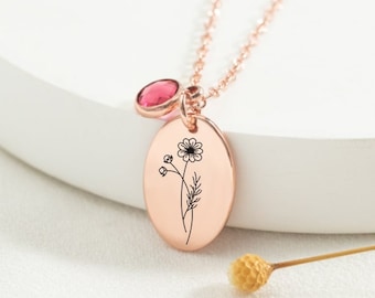 Personaised Necklace with Birth Flower,Birthstone Necklace For Woman,Gold Jewelry,Necklace for Mom,Birthday Gift,Christmas Gifts For Mom