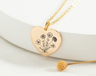 Collana personalizzata per mamma,Collana con ciondolo a forma di cuore,Collana di fiori di nascita combinata,Collana per mamma,Regali di compleanno per la mamma,Gioielli estivi