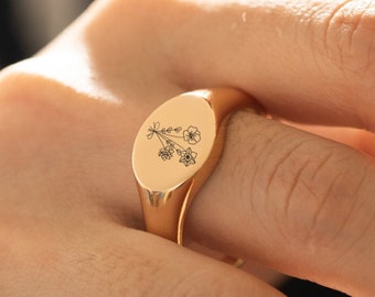 Anillo de sello personalizado con flor de nacimiento, anillo de flores de nacimiento de ramo, anillo de madres, anillo de declaración, joyería hecha a mano, regalos de cumpleaños, regalos para ella