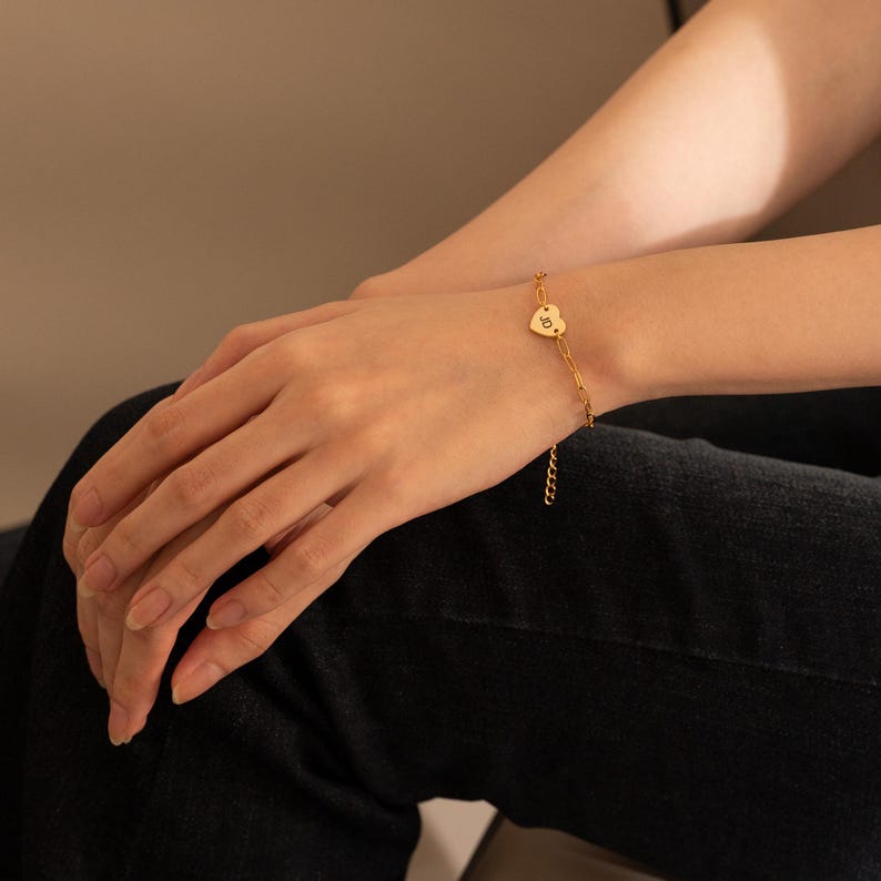 Custom Engraved Name Bracelet,heart Bracelet With Link Chain,gold