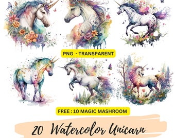 Unicorn Watercolor Png Clipart, Flower Horse Transparent Rainbow Unicorn Bundle Printable Digital Unicorn Clipart, Magical Fairy Unicorn Art