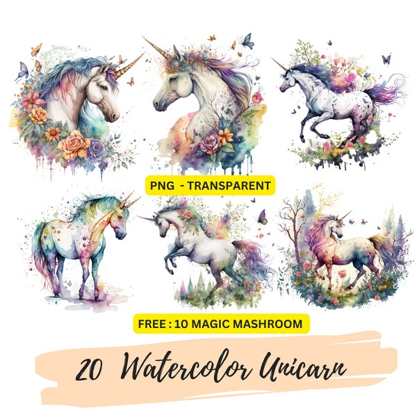 Unicorn Watercolor Png Clipart, Flower Horse Transparent Rainbow Unicorn Bundle Printable Digital Unicorn Clipart, Magical Fairy Unicorn Art