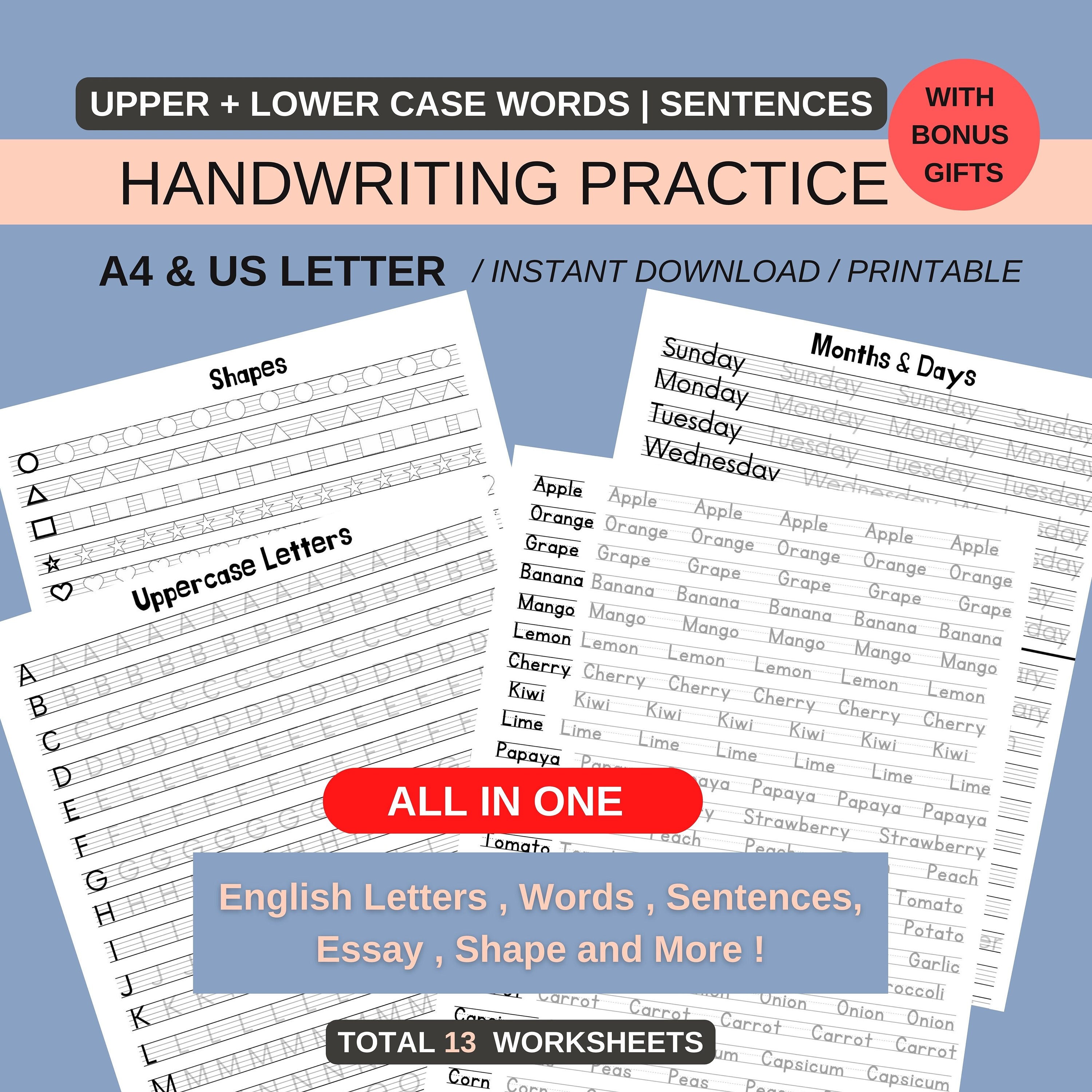 Printable Handwriting Worksheets A4–13 Pages | English Handwriting ...
