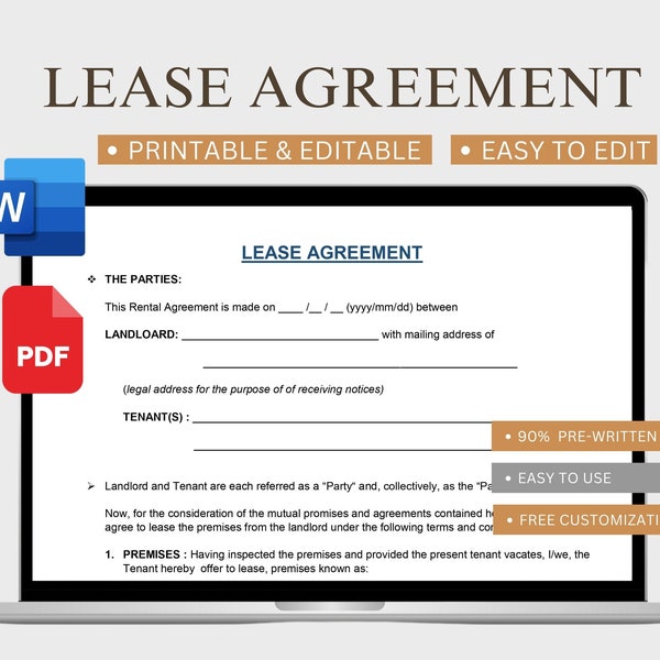 Editable Rental Agreement Template, Printable Lease Agreement, Landlord Tenant Forms Digital Download Apartment Contract Residential Housing