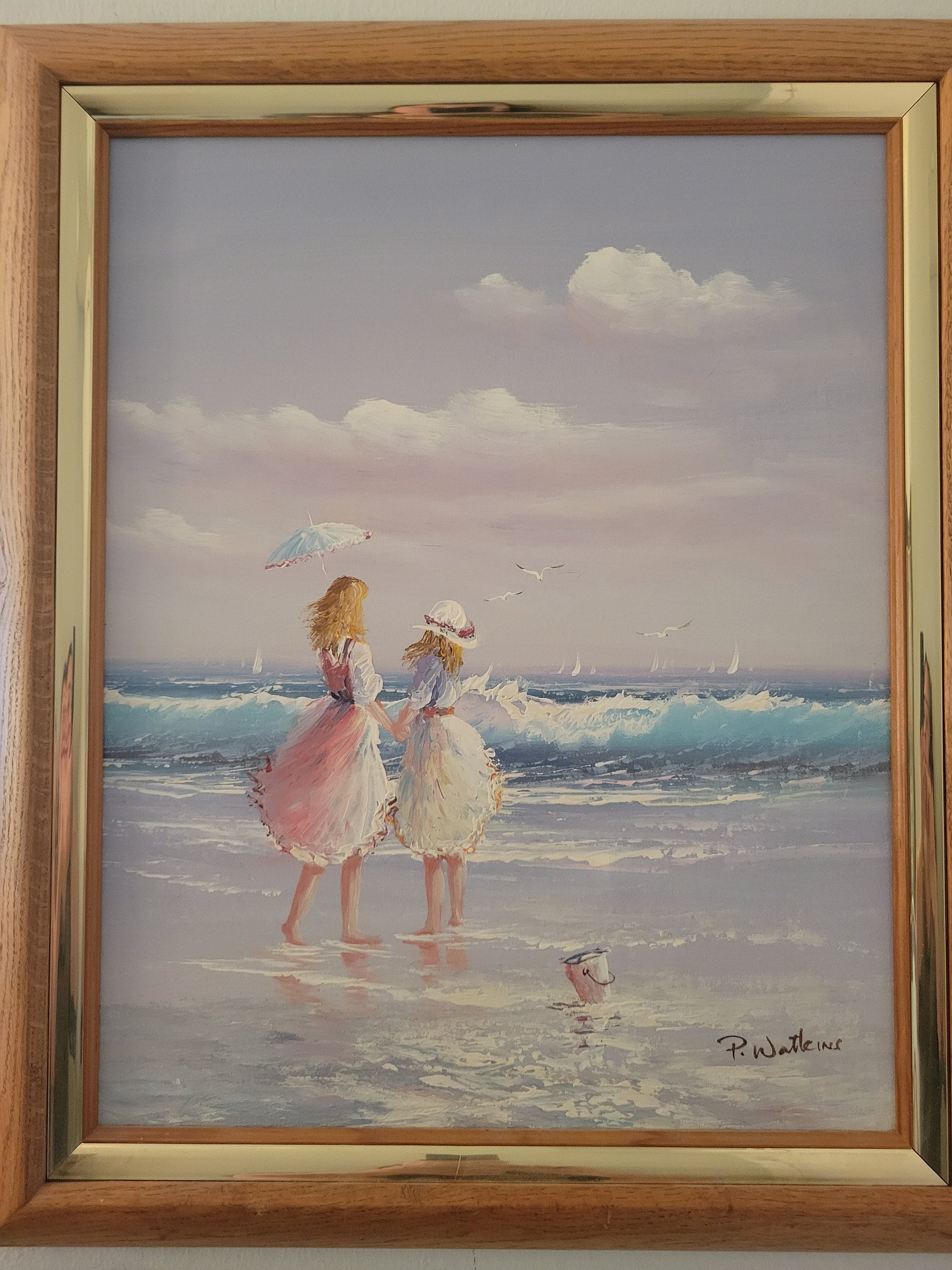 インテリアアート　P.Watkins P. WATKINS Original Oil on Canvas Painting Two Girls ON BEACH With