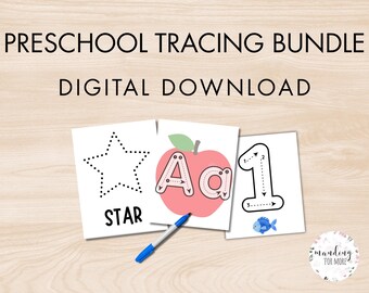 May include: Preschool tracing bundle digital download. The image shows three white cards with tracing activities. One card has a star, another an apple with the letter A, and the third has the number 1. A blue pen is on the table.