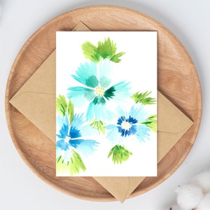 Blauwgroene afdrukbare wenskaart | Digitale download aquarel bloemenkaart | Kaart voor alle gelegenheden: thuis afdrukken | Bloem schilderij kaart print