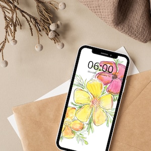 Papier peint rose pour téléphone avec fleurs sauvages | Écran d'accueil aquarelle florale | Écran de veille d'accueil | Écran de téléphone aquarelle | Écran de veille fleurs roses