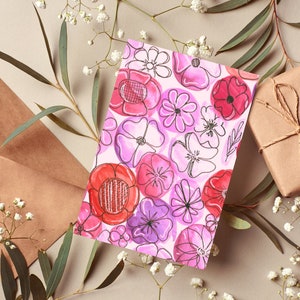 Roze bloemenwaterverfkaart | Afdrukbare roze bloemenwenskaart | Digitaal kaart voor elke gelegenheid | Roze botanische kaart| Downloadbare bloemkaart