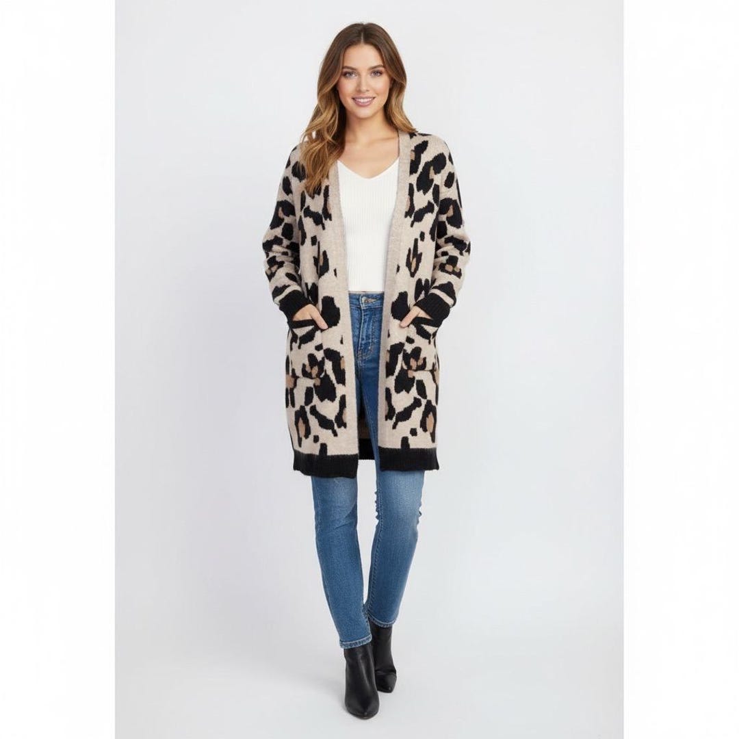 新品　Cardigan Jacket Animal Print Leopard Print Longline Cardigan | Open Front Sweater | Cozy Knit